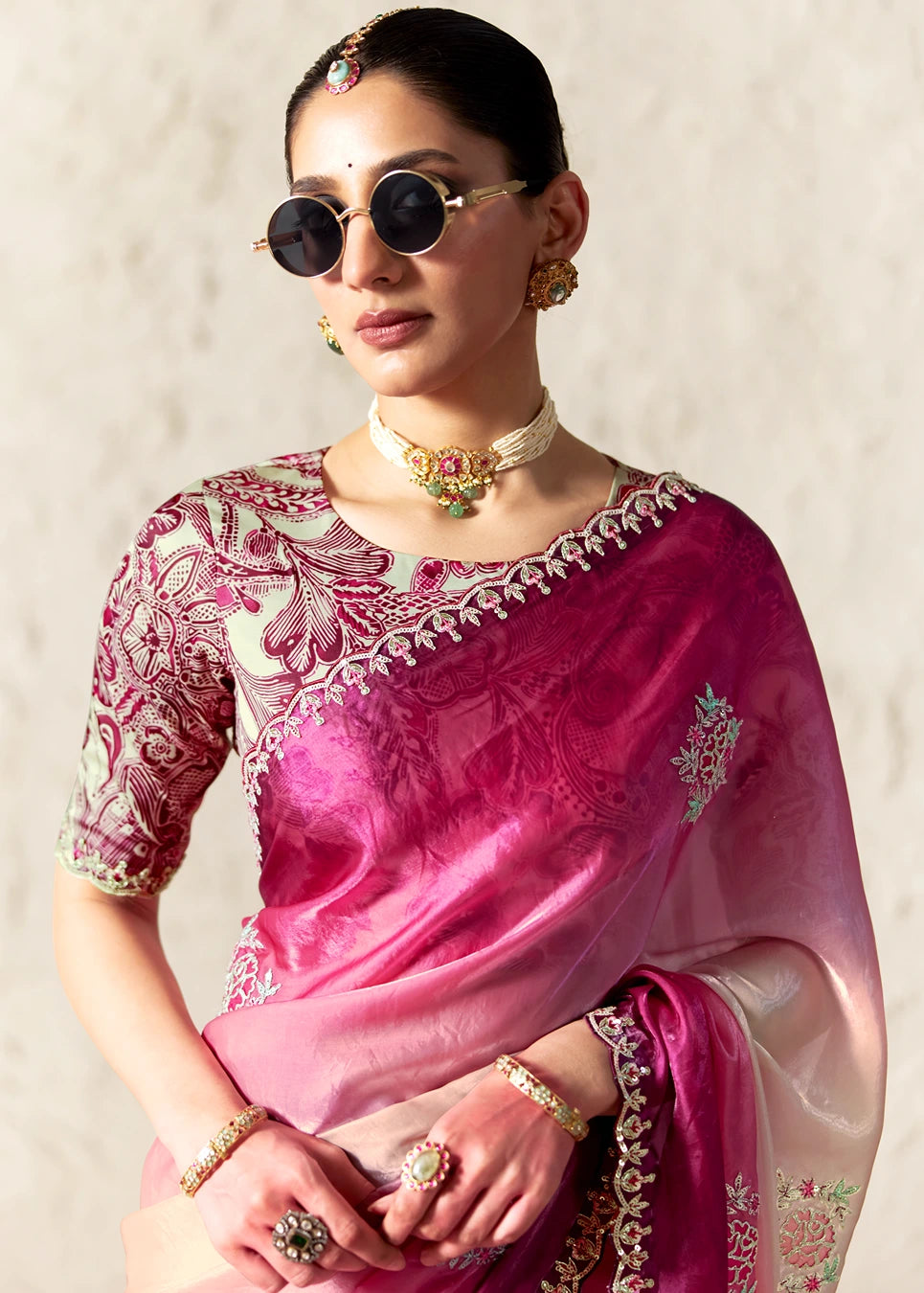 Crushed Organza Tissue Silk Rani Pink & Cream Embroidered Saree