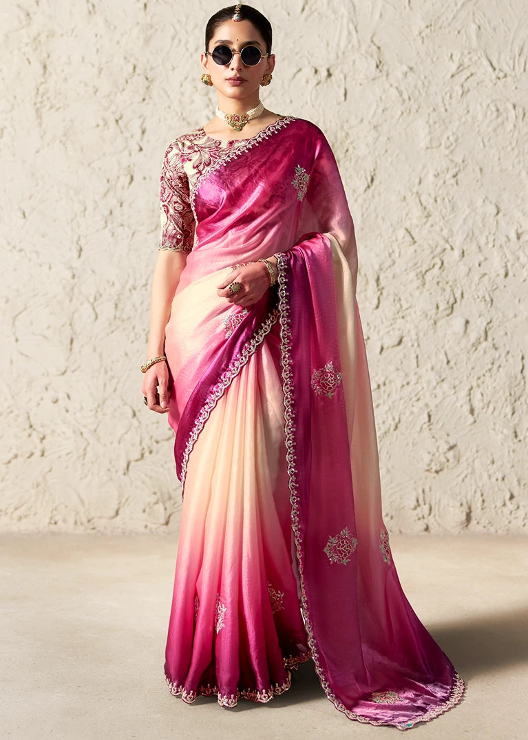 Crushed Organza Tissue Silk Rani Pink & Cream Embroidered Saree