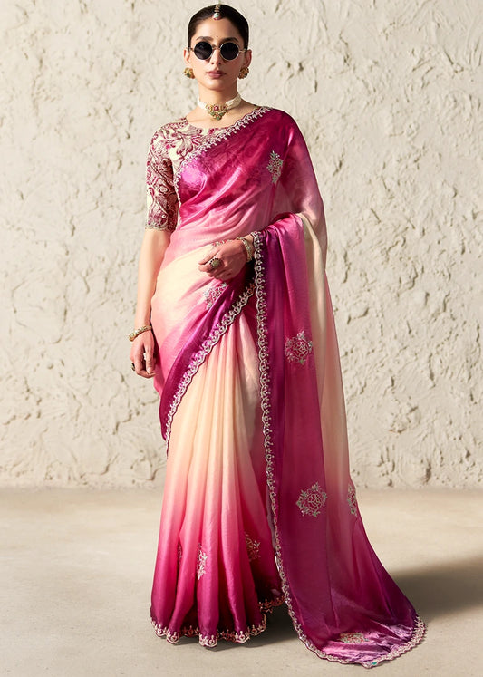 Crushed Organza Tissue Silk Rani Pink & Cream Embroidered Saree