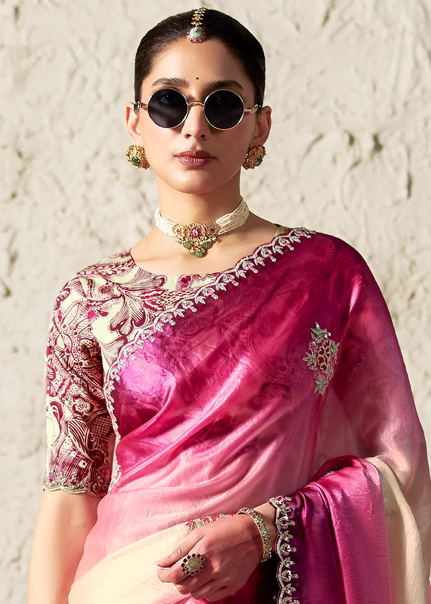 Crushed Organza Tissue Silk Rani Pink & Cream Embroidered Saree