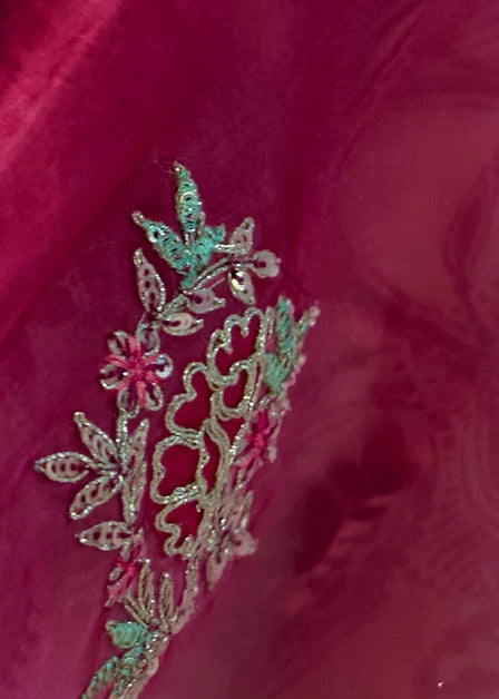 Crushed Organza Tissue Silk Rani Pink & Cream Embroidered Saree