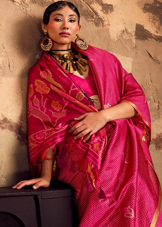 Handloom Weaving Silk Cherry Red Patola Saree with Zari Work