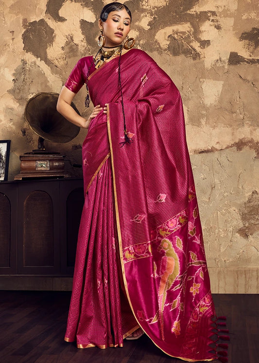 Handloom Weaving Silk Cherry Red Patola Saree with Zari Work