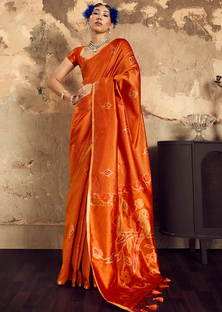 Handloom Weaving Silk Orange Patola Saree with Zari Work