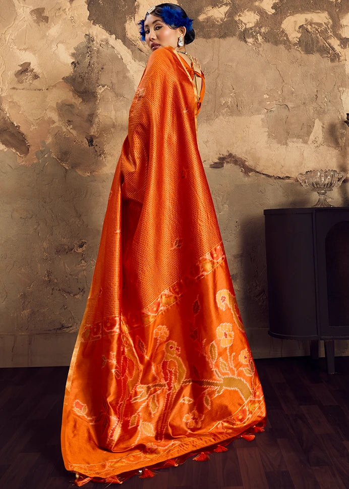 Handloom Weaving Silk Orange Patola Saree with Zari Work