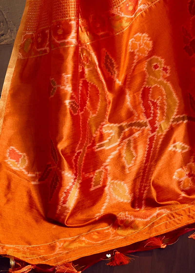 Handloom Weaving Silk Orange Patola Saree with Zari Work