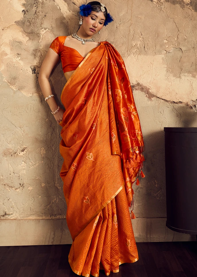Handloom Weaving Silk Orange Patola Saree with Zari Work