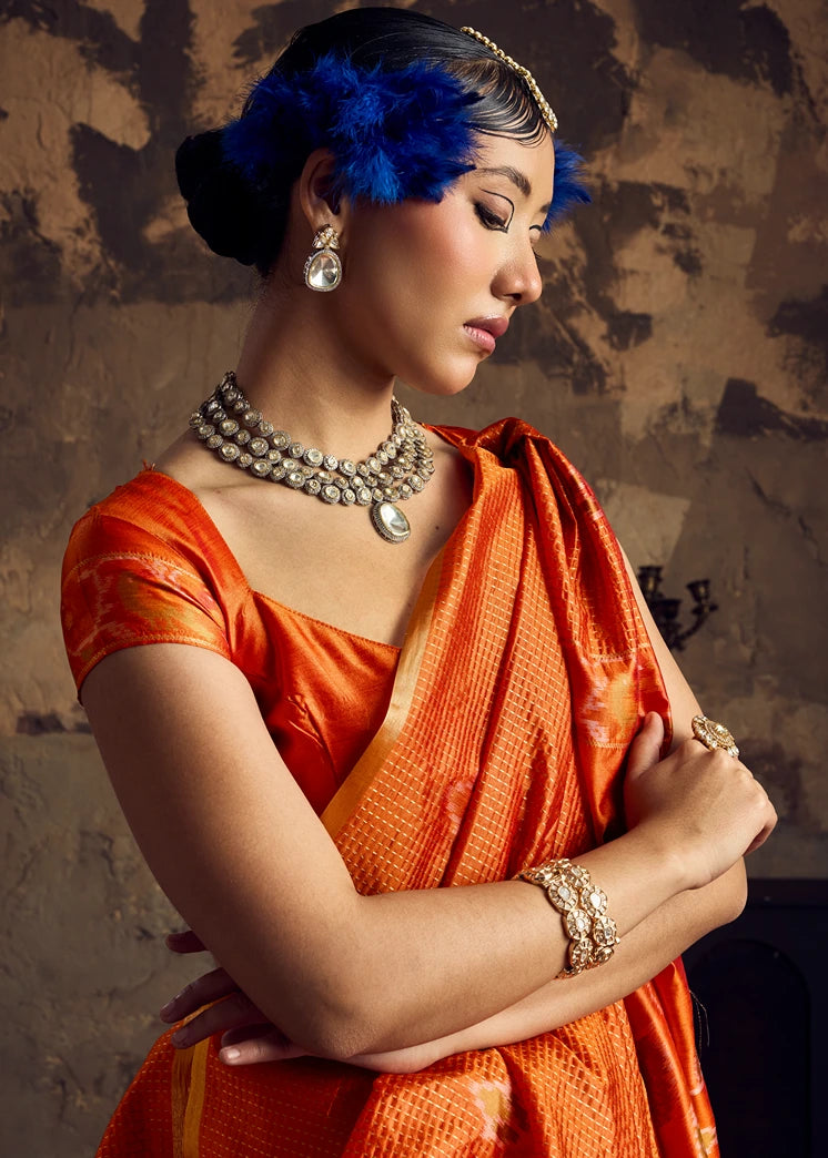 Handloom Weaving Silk Orange Patola Saree with Zari Work