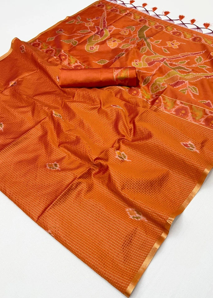 Handloom Weaving Silk Orange Patola Saree with Zari Work
