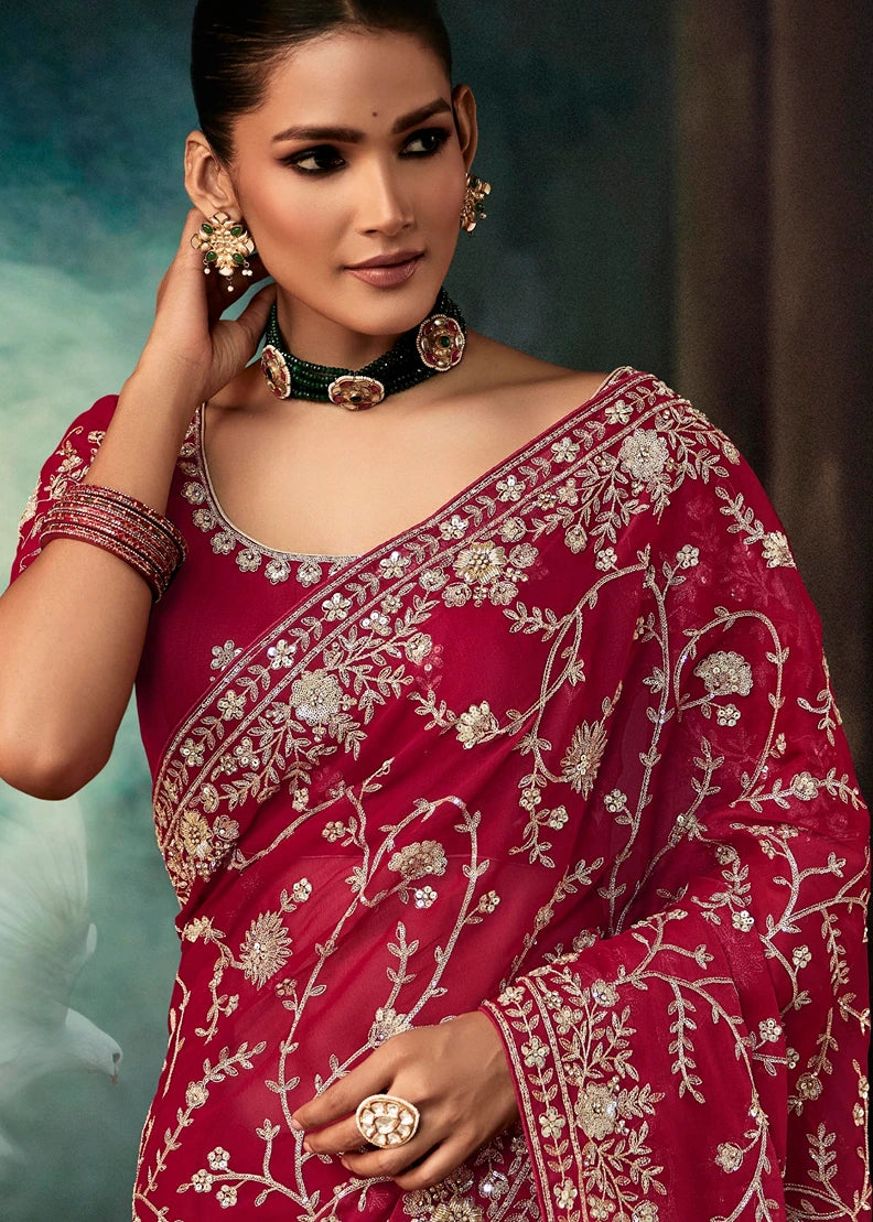 Red Crepe Silk Dabka Work Embroidered Bridal Saree