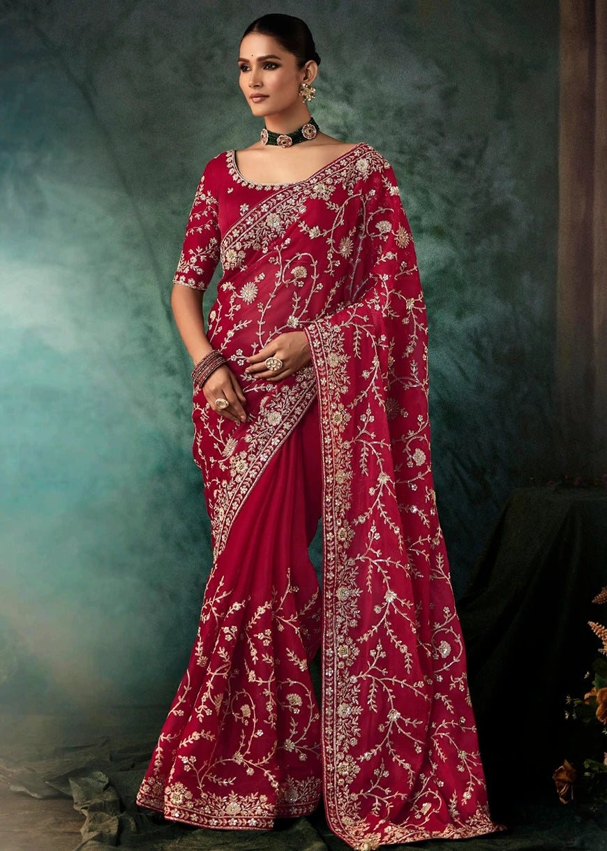Red Crepe Silk Dabka Work Embroidered Bridal Saree