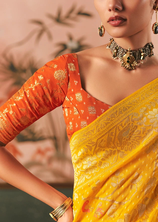 Pure Khaddi Georgette Yellow Bridal Bandhani Saree & Orange Blouse