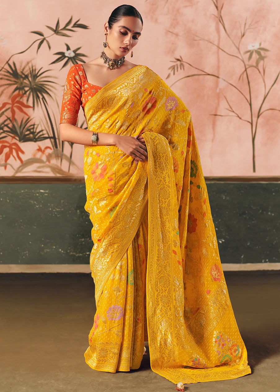 Pure Khaddi Georgette Yellow Bridal Bandhani Saree & Orange Blouse