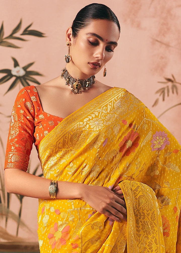Pure Khaddi Georgette Yellow Bridal Bandhani Saree & Orange Blouse