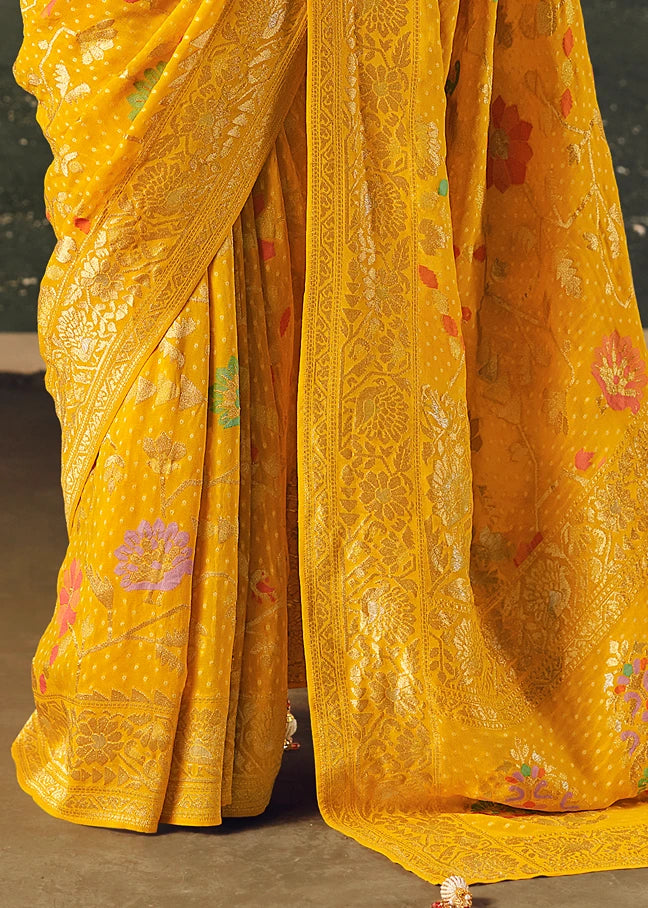 Pure Khaddi Georgette Yellow Bridal Bandhani Saree & Orange Blouse