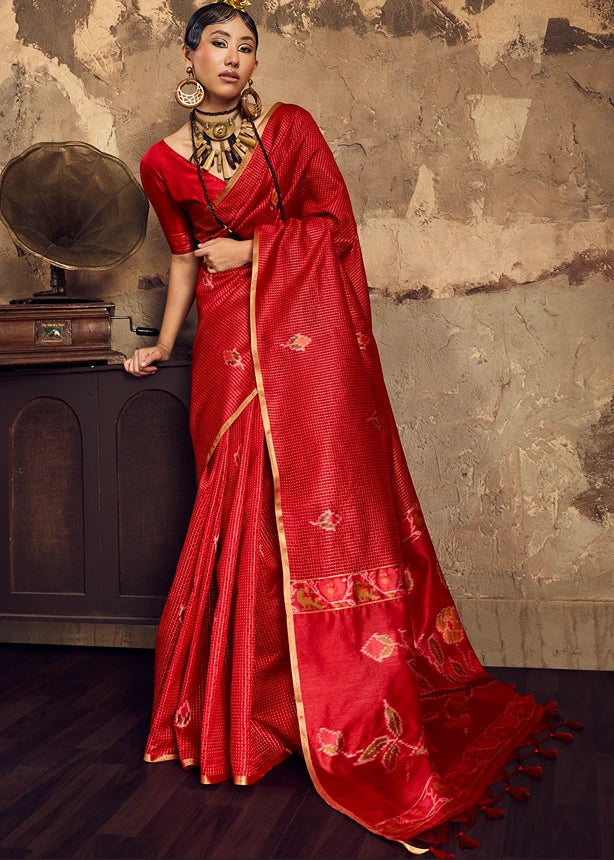 Handloom Weaving Silk Scarlet Red Patola Saree with Zari Work