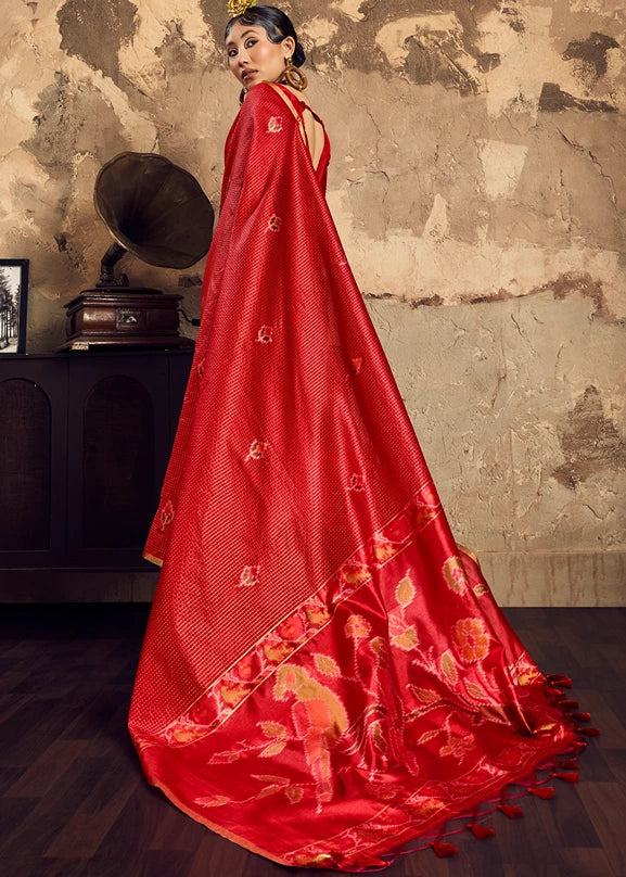 Handloom Weaving Silk Scarlet Red Patola Saree with Zari Work