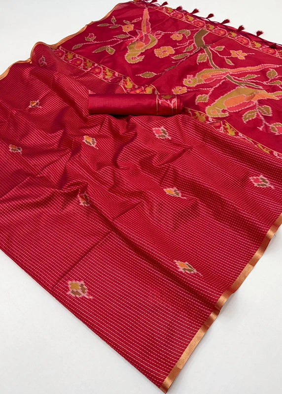 Handloom Weaving Silk Scarlet Red Patola Saree with Zari Work