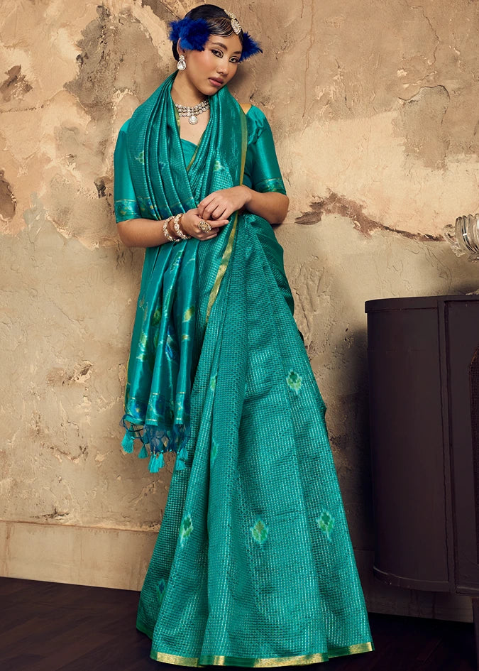 Handloom Weaving Silk Teal Green Patola Saree with Zari Work