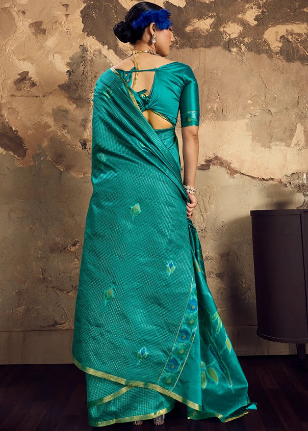 Handloom Weaving Silk Teal Green Patola Saree with Zari Work