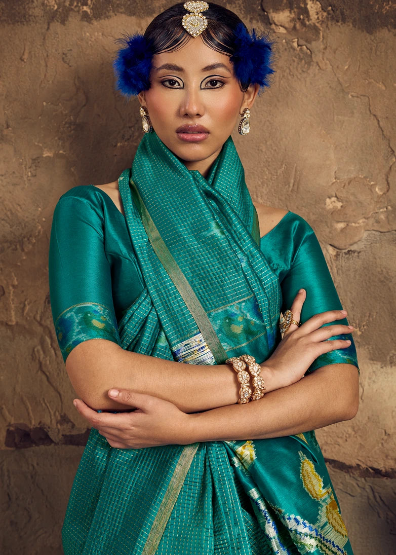 Handloom Weaving Silk Teal Green Patola Saree with Zari Work