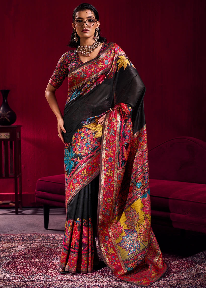 Pure Kashmiri Silk Handloom Weaving Black Saree