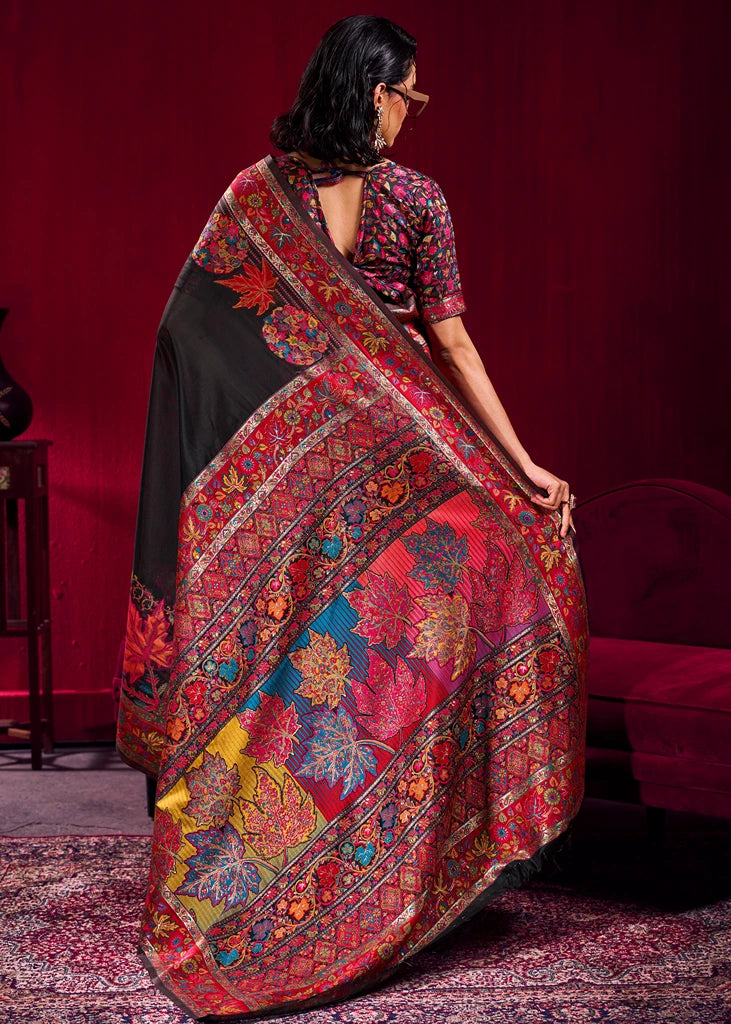 Pure Kashmiri Silk Handloom Weaving Black Saree