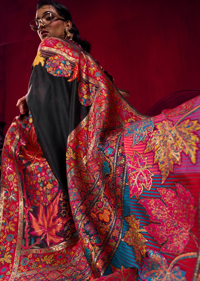 Pure Kashmiri Silk Handloom Weaving Black Saree