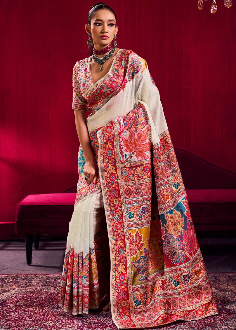 Pure Kashmiri Silk Handloom Weaving Off White Saree