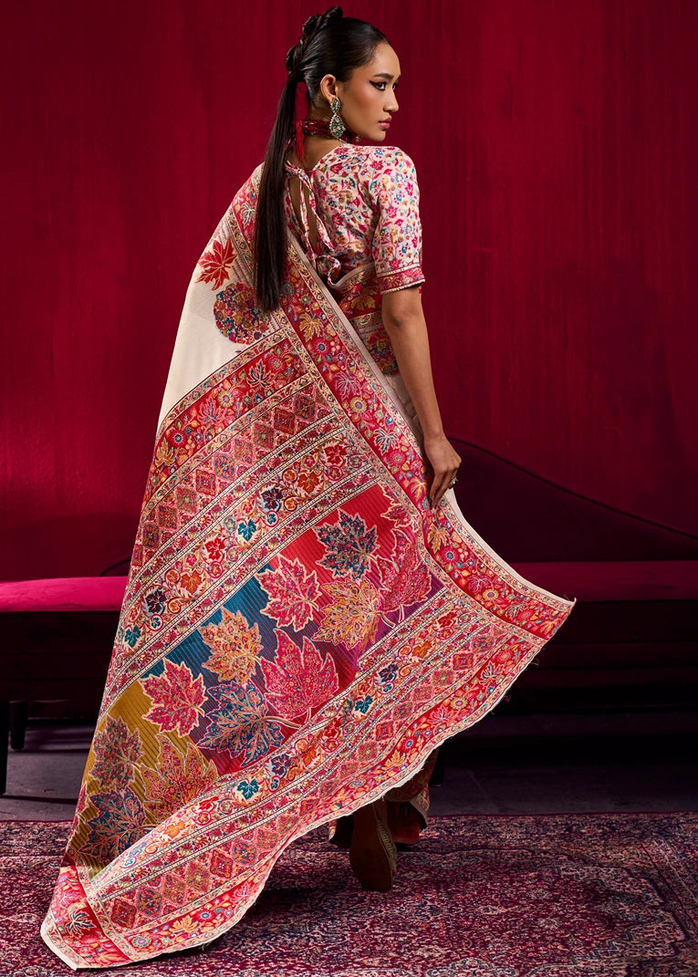 Pure Kashmiri Silk Handloom Weaving Off White Saree