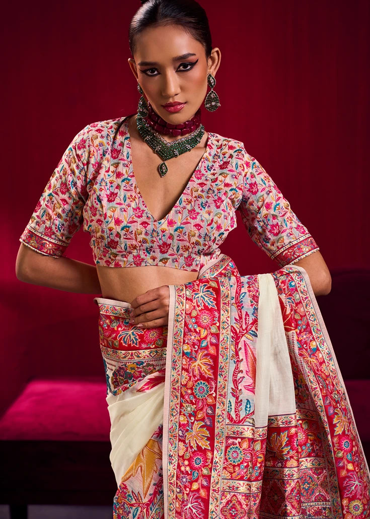 Pure Kashmiri Silk Handloom Weaving Off White Saree