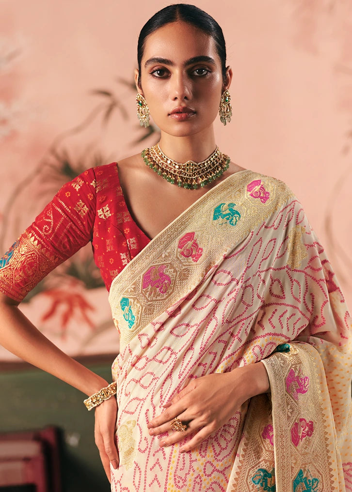 Pure Khaddi Georgette Off White Bridal Bandhani Saree & Red Blouse