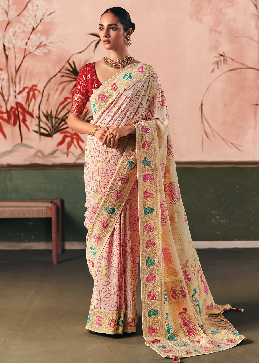 Pure Khaddi Georgette Off White Bridal Bandhani Saree & Red Blouse
