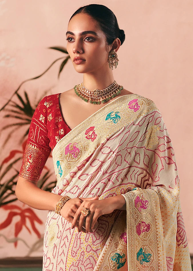 Pure Khaddi Georgette Off White Bridal Bandhani Saree & Red Blouse
