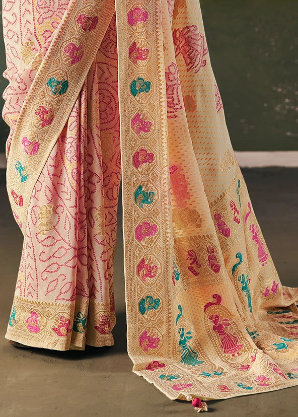 Pure Khaddi Georgette Off White Bridal Bandhani Saree & Red Blouse