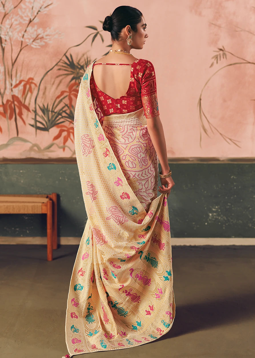 Pure Khaddi Georgette Off White Bridal Bandhani Saree & Red Blouse