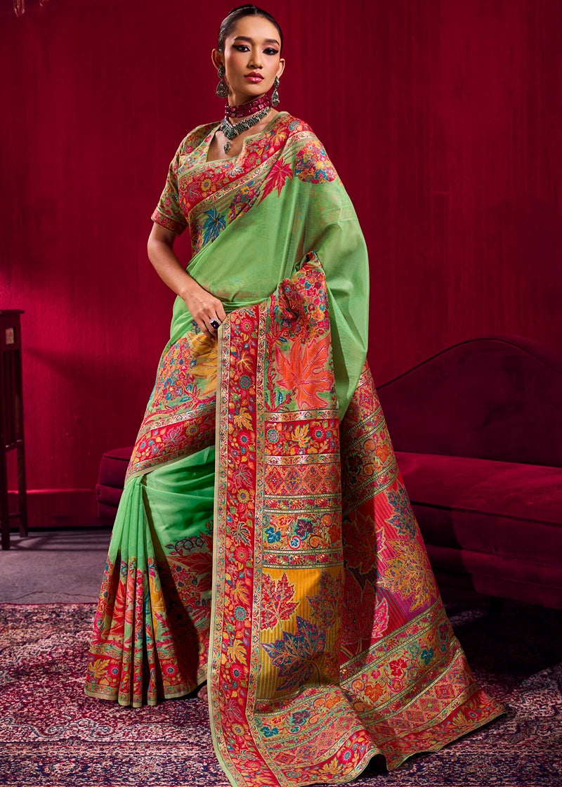 Pure Kashmiri Silk Handloom Weaving Mint Green Saree