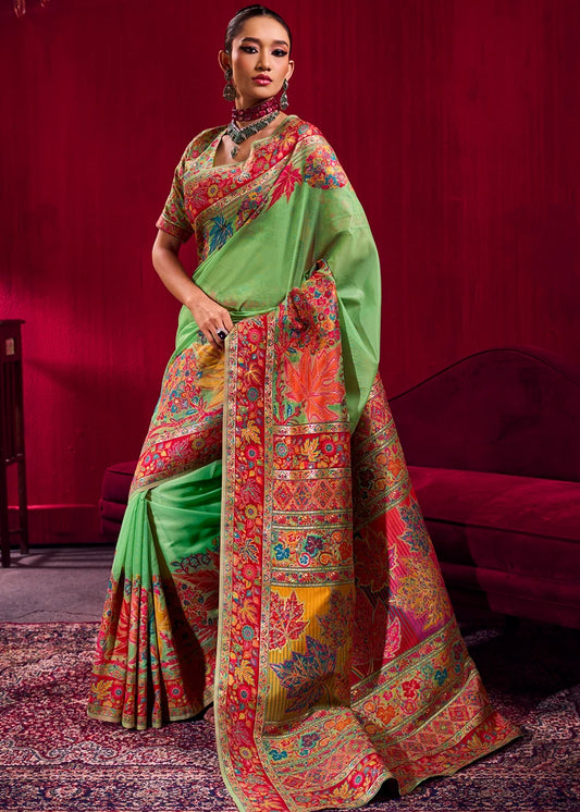 Pure Kashmiri Silk Handloom Weaving Mint Green Saree