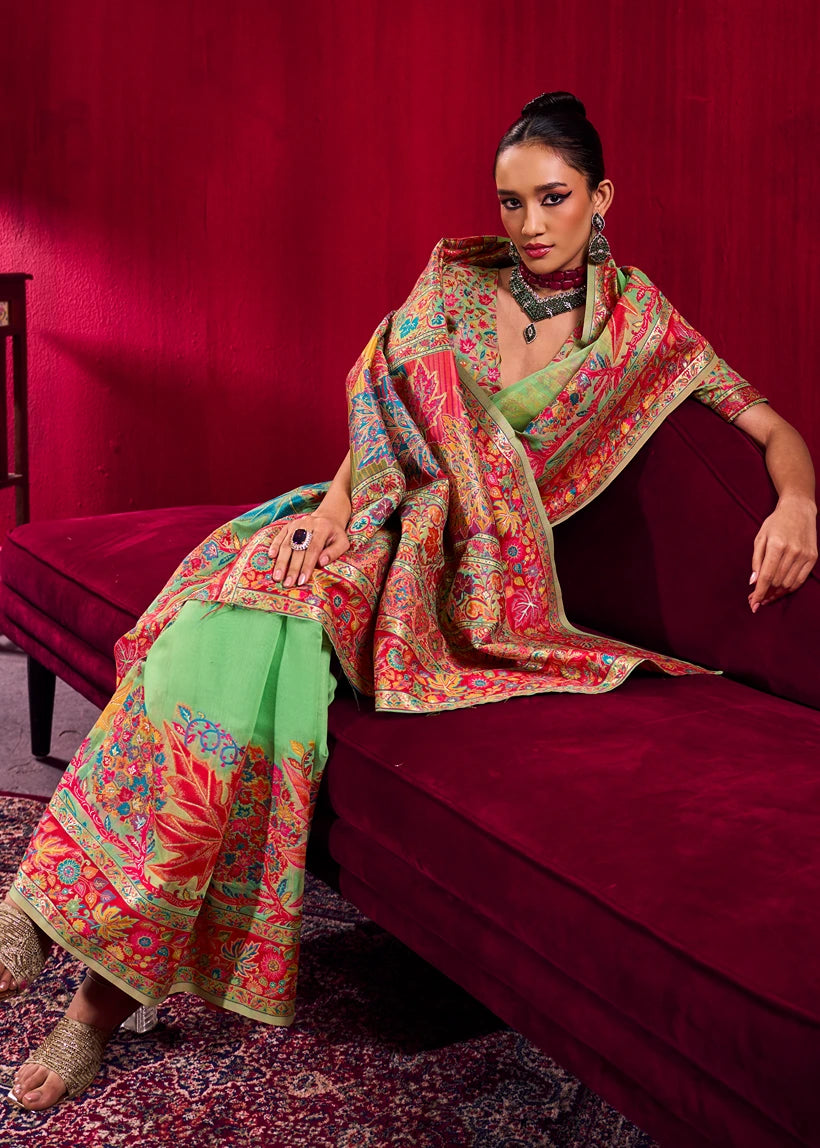 Pure Kashmiri Silk Handloom Weaving Mint Green Saree