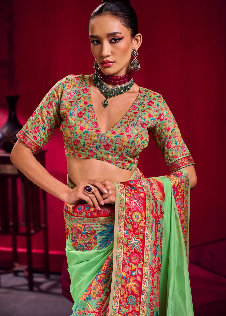 Pure Kashmiri Silk Handloom Weaving Mint Green Saree