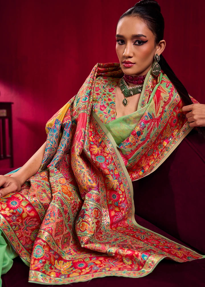 Pure Kashmiri Silk Handloom Weaving Mint Green Saree