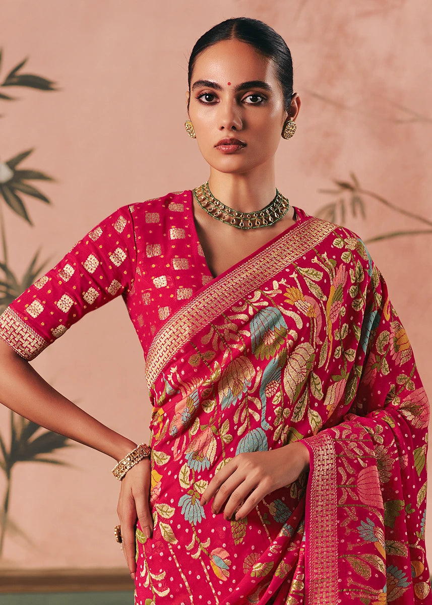 Pure Khaddi Georgette Vermillion Red Bridal Bandhani Saree