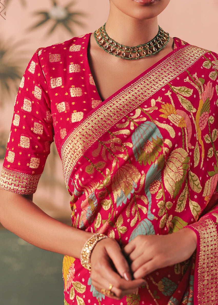 Pure Khaddi Georgette Vermillion Red Bridal Bandhani Saree