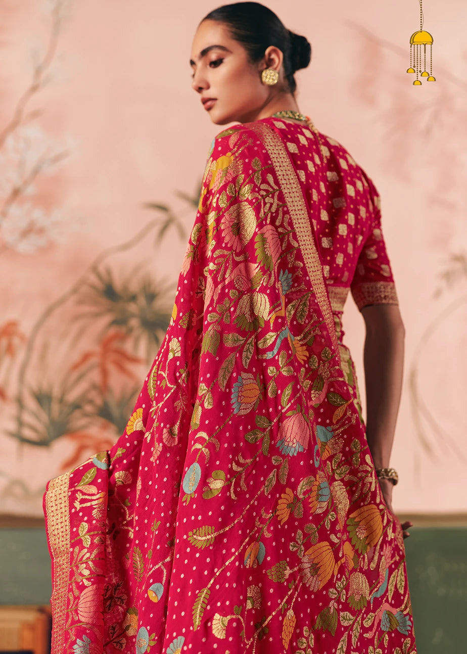 Pure Khaddi Georgette Vermillion Red Bridal Bandhani Saree