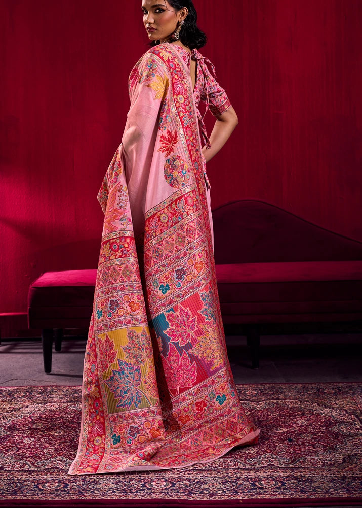 Pure Kashmiri Silk Handloom Weaving Pastel Pink Saree
