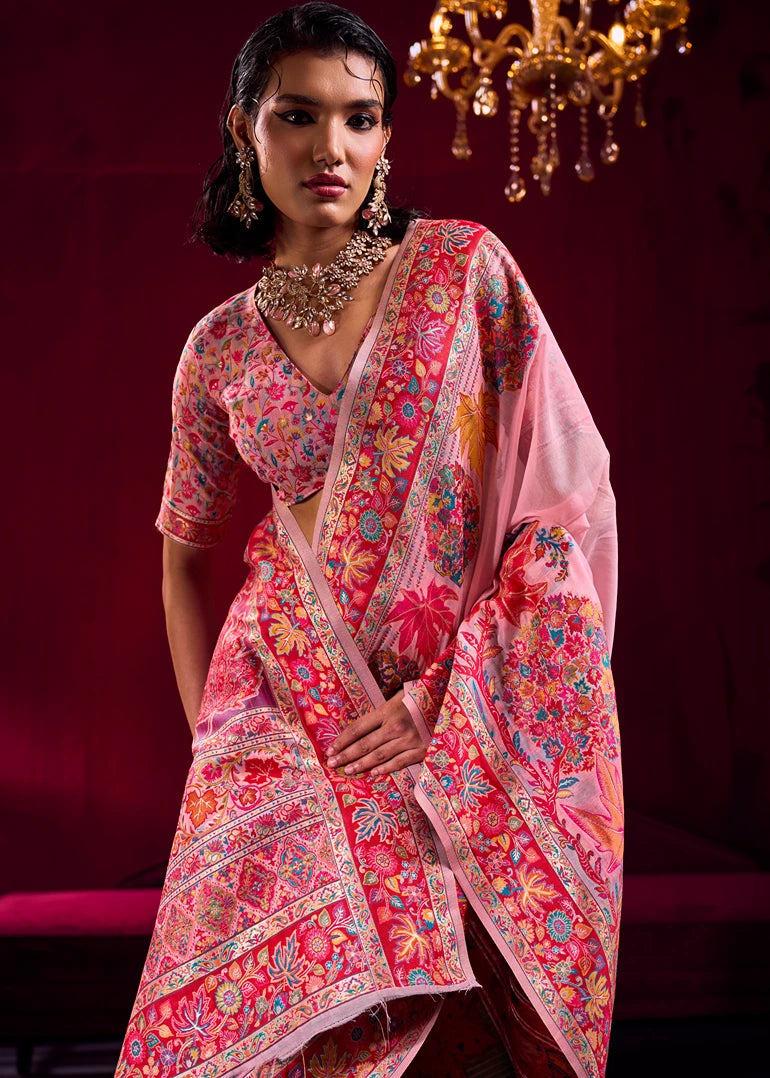 Pure Kashmiri Silk Handloom Weaving Pastel Pink Saree