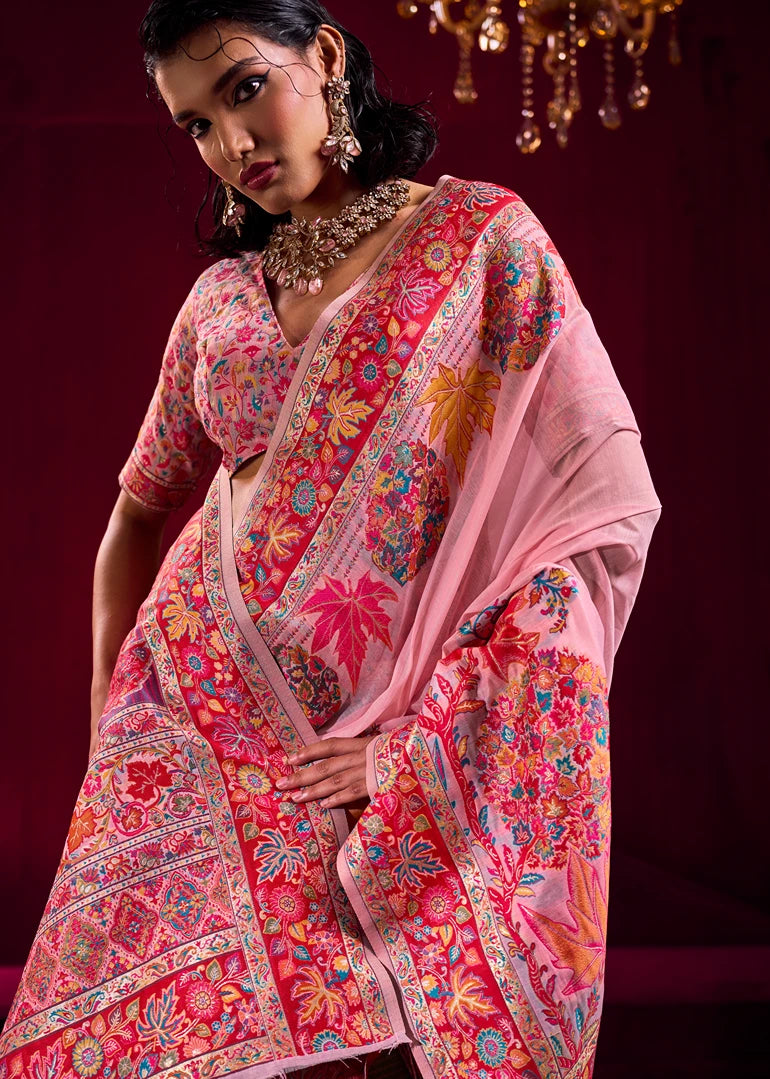 Pure Kashmiri Silk Handloom Weaving Pastel Pink Saree