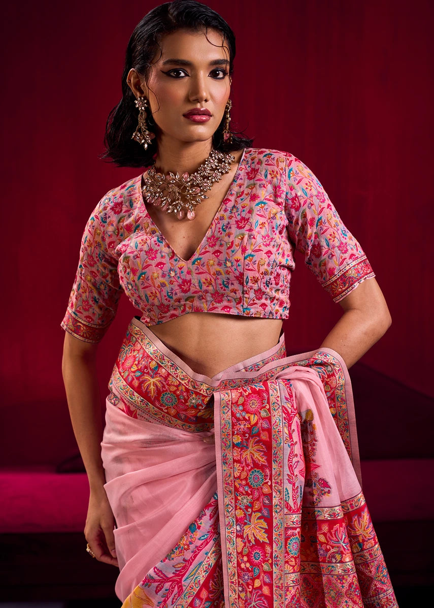 Pure Kashmiri Silk Handloom Weaving Pastel Pink Saree