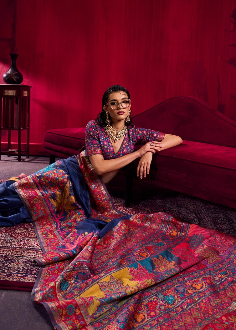 Pure Kashmiri Silk Handloom Weaving Royal Blue Saree