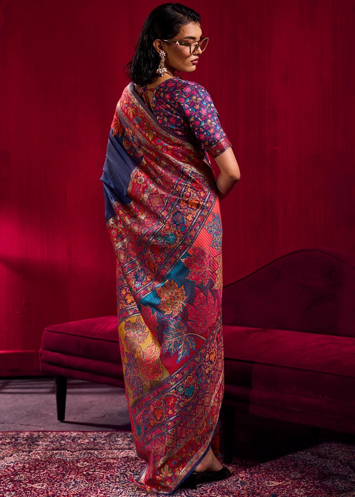 Pure Kashmiri Silk Handloom Weaving Royal Blue Saree